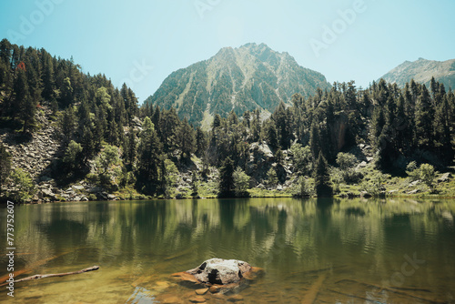 Lake surrounded by trees with a mountain in the background photo