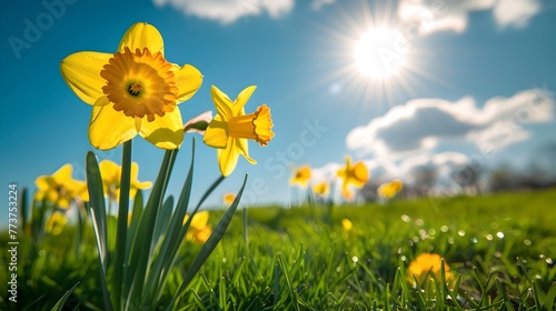Vibrant daffodils blossoming under a sunny sky, signaling spring's arrival. Fresh, natural outdoor scene for tranquility and design. Ideal for festive and seasonal use. AI