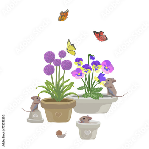 illustration with mice, butterflies, snail and allium flowers and violets