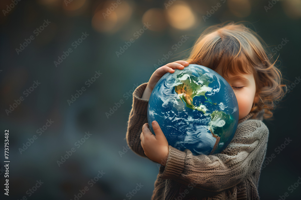 A young child hugging a planet earth model, protecting the environment. A young child hugging a planet earth model, protecting the environment.