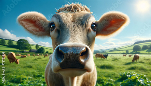 Close-up of a cow's face with deep, expressive eyes and detailed fur texture. A cow is in a lush green pasture under a clear blue sky.