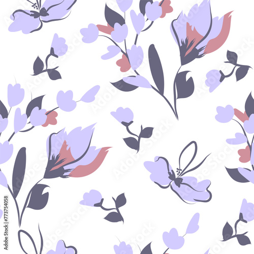 Hand-drawn seamless pattern with floral print. Abstract contour flowers in pink, light purple and white. Vector pattern for printing on fabric, gift wrapping, covers, wallpapers. © mrnvb