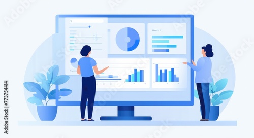 people looking at an online dashboard with graphs and charts