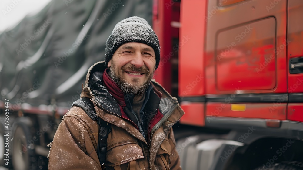 Smiling bearded man in winter attire standing by a red truck. Casual outdoor portrait, lifestyle imagery capturing work and travel. AI
