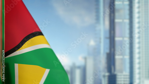 flag of Guyana on modern city buildings bokeh backdrop for national holiday - abstract 3D rendering