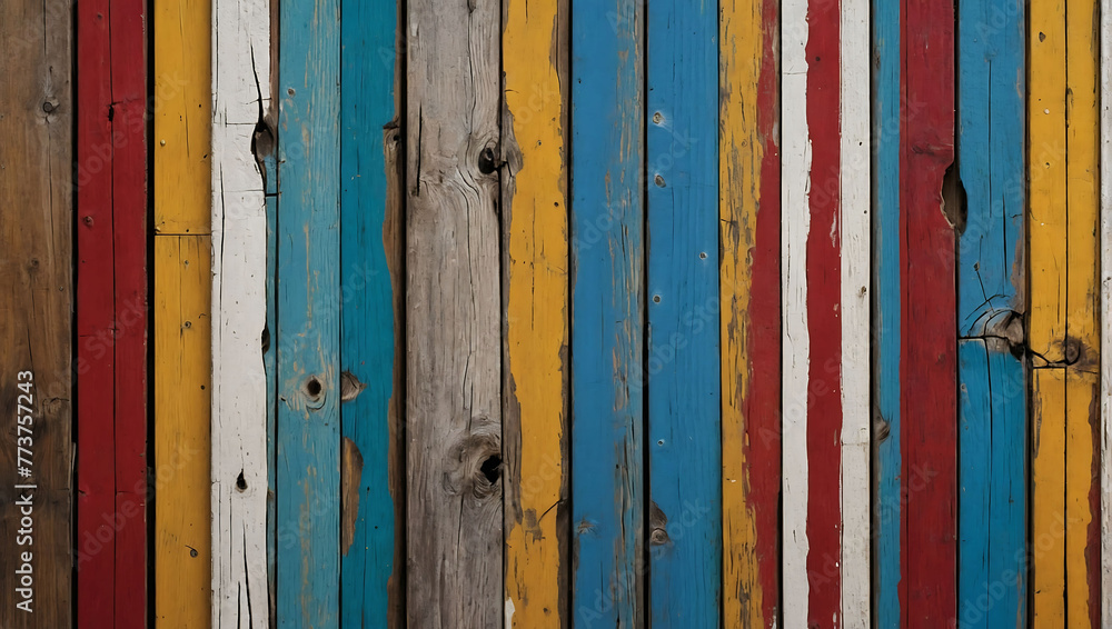 Antique wooden plank texture with cracked paint in white, red, yellow and blue colors. Horizontal retro background with wooden planks of different colors Looks Less. AI generated Antique wooden plank texture with cracked paint in white, red, yellow and blue colors. Horizontal retro background with wooden planks of different colors Looks Less. AI generated