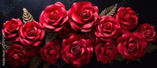 A beautiful close-up image featuring a bunch of vibrant red roses set against a striking black backdrop  showcasing their intricate petals and rich color