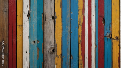 Antique wooden plank texture with cracked paint in white, red, yellow and blue colors. Horizontal retro background with wooden planks of different colors Looks Less. AI generated