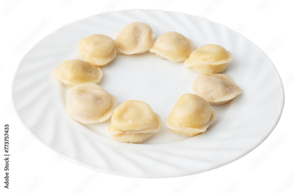 Boiled dumplings in a plate isolated on a white background. View from above