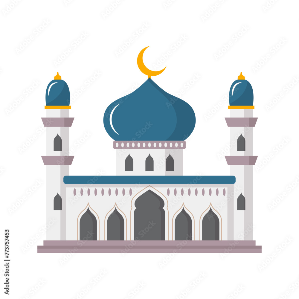 Vector cartoon flat islamic mosque. Ramadan muslim icon isolated on white background. Arabian mosque building with minarets. Eid Al-Fitr illustration Vector cartoon flat islamic mosque. Ramadan muslim icon isolated on white background. Arabian mosque building with minarets. Eid Al-Fitr illustration
