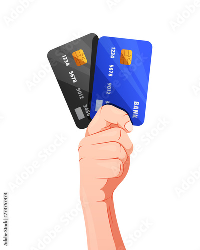 Hand holding credit card vector isolated on white background.