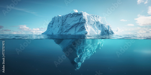 Tip of the iceberg floating a hidden huge block underwater. The concept of the hidden potential metaphor, challenges, hidden talents work out background inspiration improvement