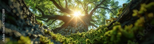 From the bottom of a mossfilled hole, looking up at trees with sun glare, photorealistic ,3DCG,clean sharp focus photo