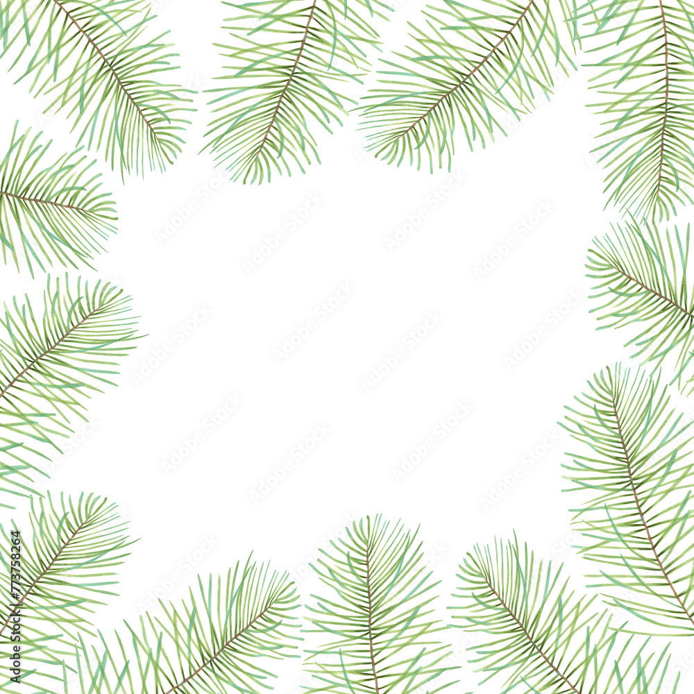 Square frame made of pine or fir branches. Illustration with watercolors and markers. Botanical decoration for New Year 2025 and Christmas. Hand drawn isolated art. Coniferous background with needles
