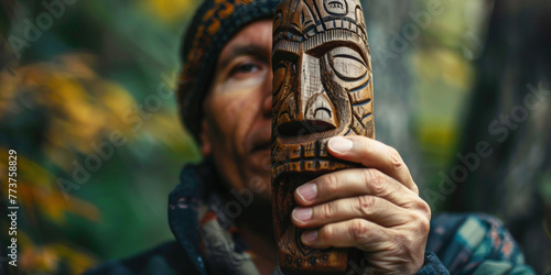 Colorful tall wooden man face totem pole with in hand of person. Spirit object ceremony of sacramental beliefs. Ancient culture, tradition cult, magic spell purpose concept photo