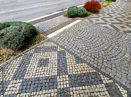 the entrance to the house is highlighted by the type of paving. a flower bed with ornamental shrubs. mosaic in gray and blue granite