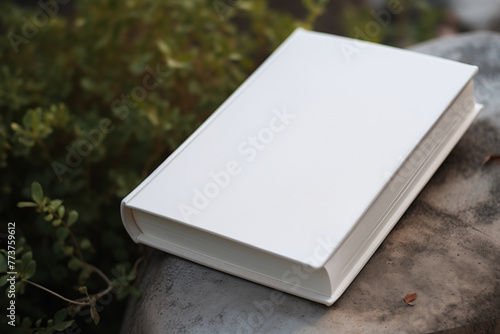 closed book with blank covers perched on a stone in nature