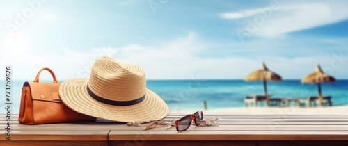Beach Accessories (Bag, Sunglasses, Sandal, Swimming suit, Drink, Coconut, Pineapple and Straw hat) On Wooden Floor Deck Beach, Tropical Beach. Summer Holoidays Concept. © ribelco
