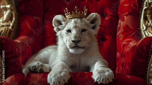Royal white lion king cub with gold crown on red throne in lavish castle. Beautiful creative animal pet character in costume concept 3d art, Halloween greeting invitation card wallpaper background. photo