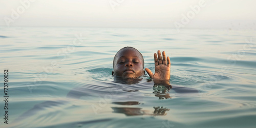 African-American boy drowning sinking kid child in sea water asking for help with raised arm. Trapped emotions depicted or love problems overpressure human in danger natural disaster sos concept photo
