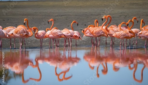 Flamingos In A Shallow Pool With Vibrant Reflectio