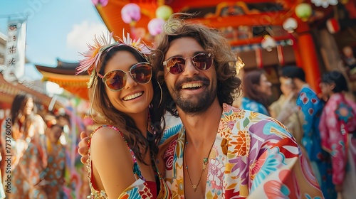 Holiday maker tourist couple travel Japan asian country, city landscape temple shrine landmark buildings, urban street festival crowd background. Tour tourism summer vacation life style concept banner