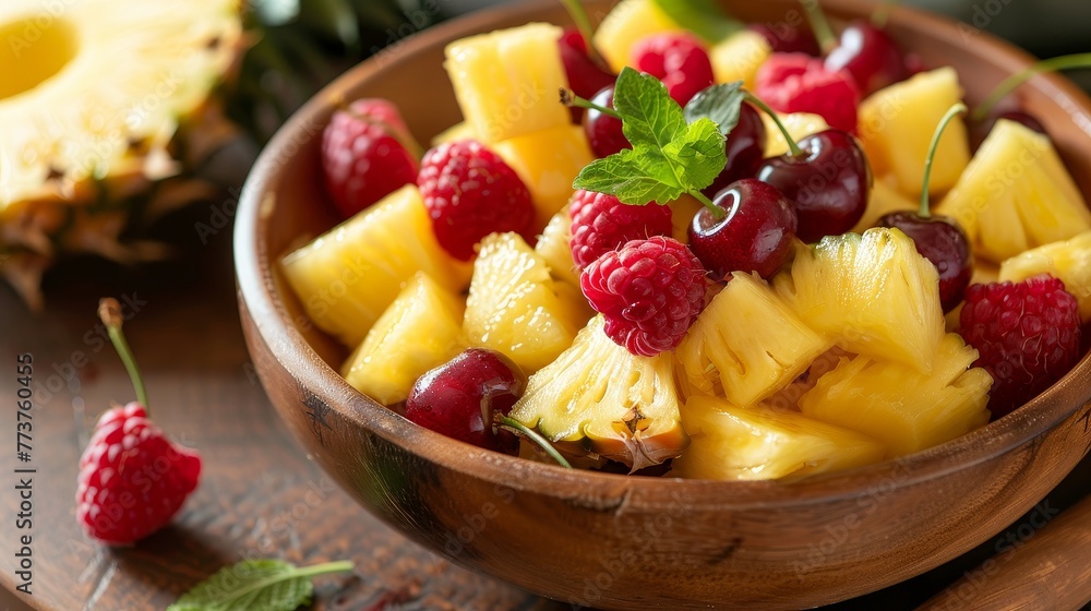 A mouthwatering combination of pineapple chunks cherries and raspberries AI generated illustration A mouthwatering combination of pineapple chunks cherries and raspberries AI generated illustration