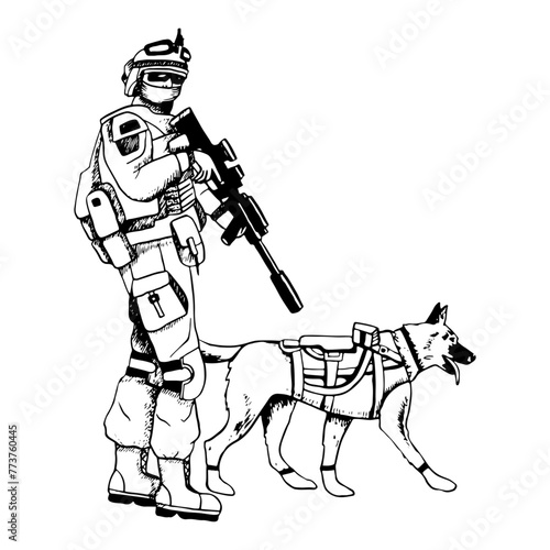 K9 Military dog in vest with armed soldier soldier vector illustration. Walking German shepherd or belgian malinois black and white drawing for patriotic Veteran day designs