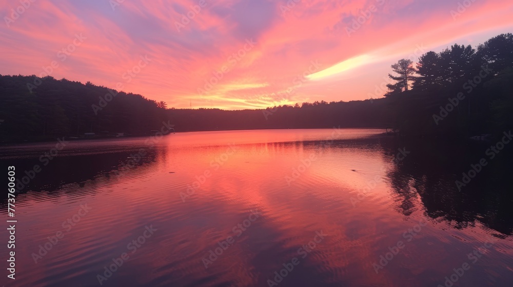 A pristine lake at sunset with the sky ablaze in shades of pink and orange AI generated illustration