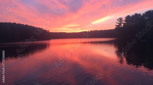 A pristine lake at sunset with the sky ablaze in shades of pink and orange AI generated illustration