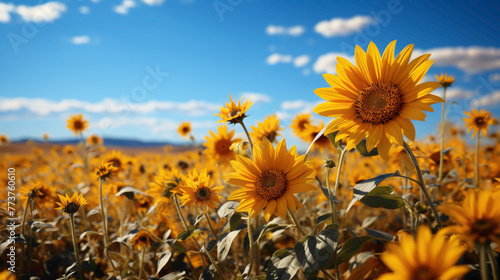 A breathtaking view of a sunflower field in full bloom  with a solitary sunflower taking center stage against a clear backdrop