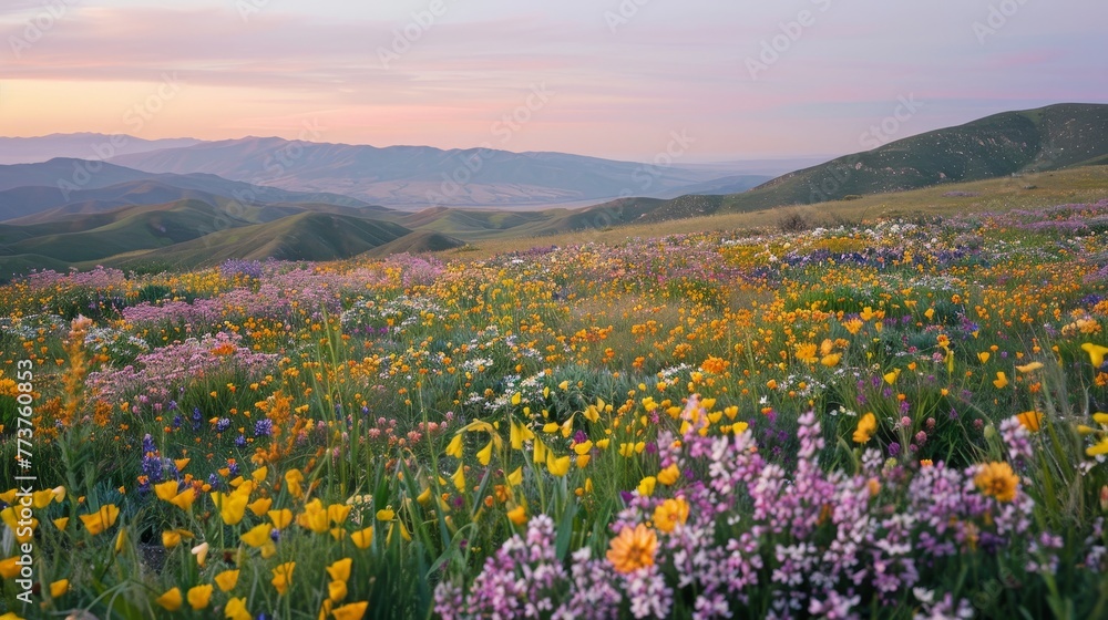 Fototapeta premium A rolling field of wildflowers with the soft glow of twilight in the background AI generated illustration
