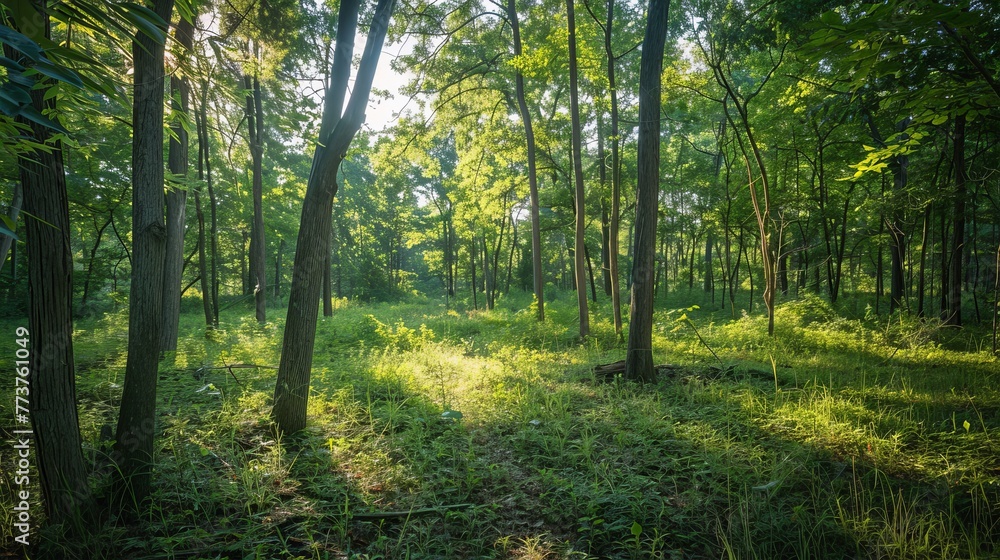 Naklejka premium A serene forest clearing with dappled sunlight filtering through the trees AI generated illustration