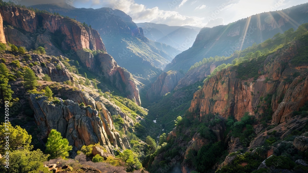 A serene valley nestled between towering cliffs with sunlight streaming through the gap AI generated illustration