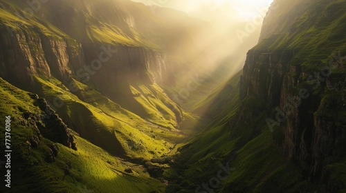 A serene valley nestled between towering cliffs with sunlight streaming through the gap AI generated illustration photo