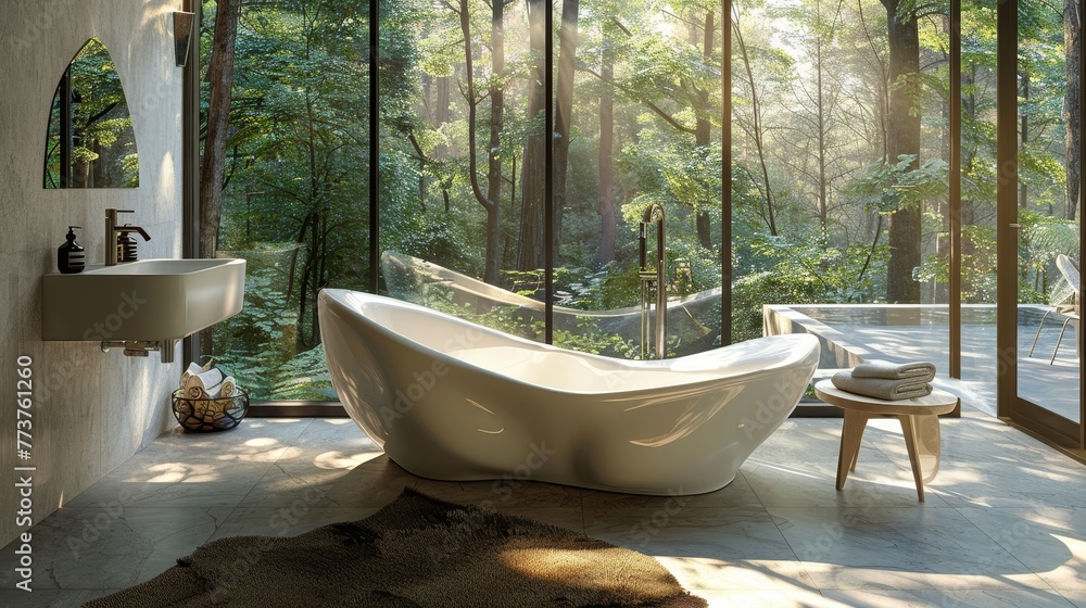 A stylish bathroom with a sculptural bathtub and a peaceful forest view AI generated illustration