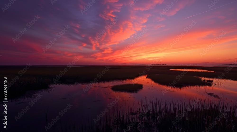 A tranquil marshland at sunset with the sky ablaze in shades of orange and purple raw AI generated illustration