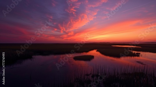 A tranquil marshland at sunset with the sky ablaze in shades of orange and purple raw AI generated illustration