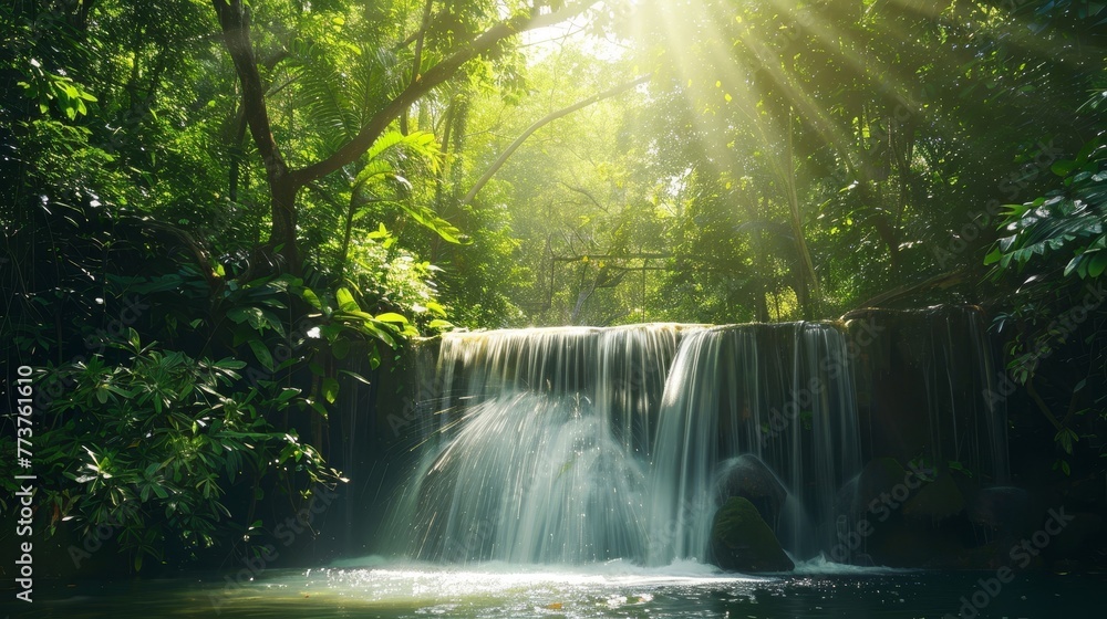 A tranquil waterfall hidden in a lush rainforest with sunlight streaming through the canopy above raw AI generated illustration A tranquil waterfall hidden in a lush rainforest with sunlight streaming through the canopy above raw AI generated illustration