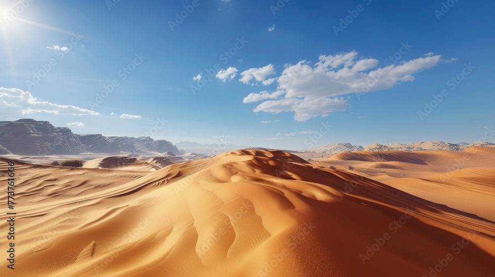 A vast desert landscape with sunlight casting long shadows across the dunes AI generated illustration