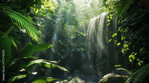 A tranquil waterfall hidden in a lush rainforest with sunlight streaming through the canopy above AI generated illustration