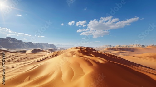 A vast desert landscape with sunlight casting long shadows across the dunes AI generated illustration