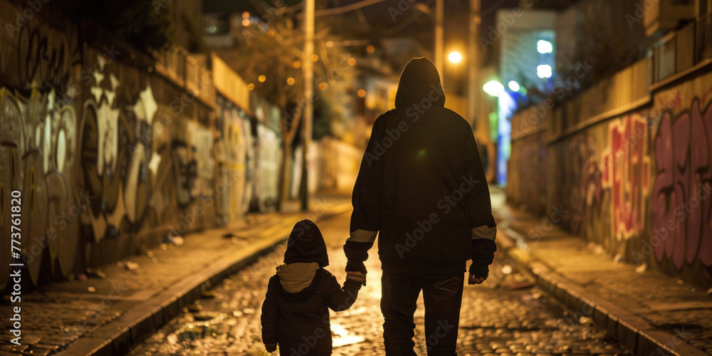 Obraz premium Back of man in hood holding hand of child kid in dark park street at night late evening. Crime, stalking and sexual assault concept