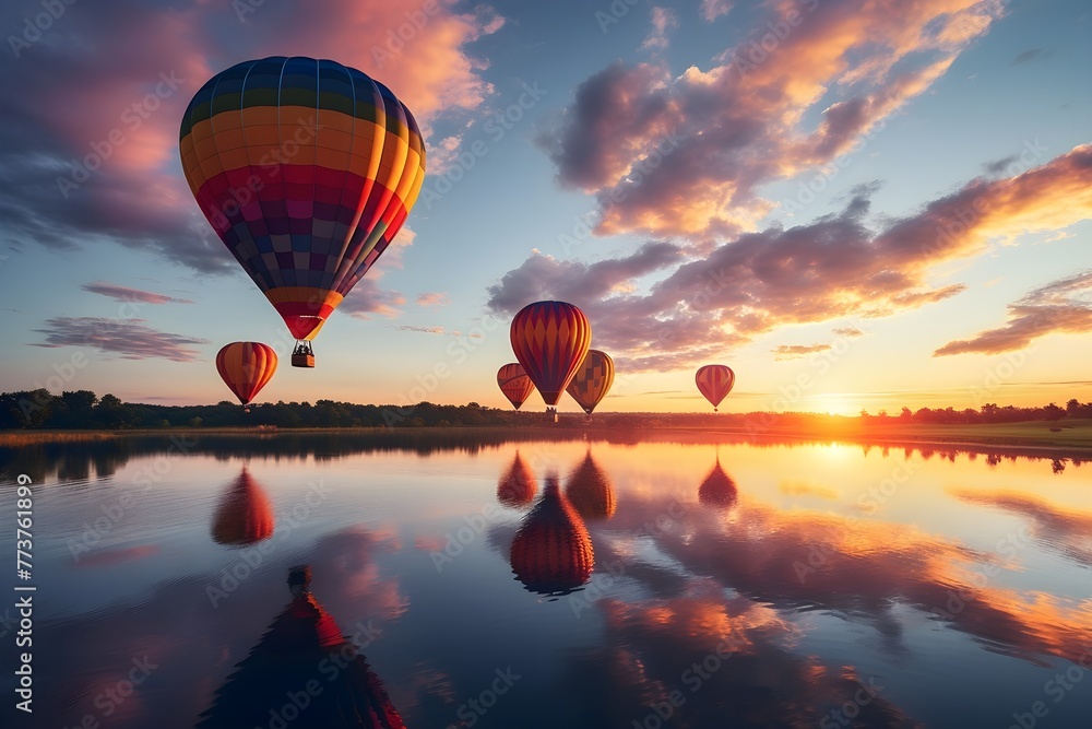 Fototapeta premium Rainbow Hot air balloons flying over a lake against a sunset sky