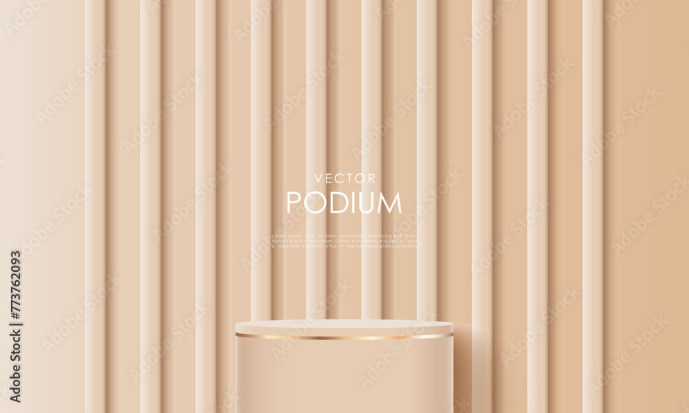 Beige luxury 3D realistic background podium, product pedestal in the form of a cylinder with gold elements. Wall mockup, stage product showcase, advertising display. Beige podium mockup. Beige luxury 3D realistic background podium, product pedestal in the form of a cylinder with gold elements. Wall mockup, stage product showcase, advertising display. Beige podium mockup.