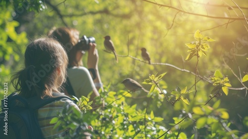 young explorers use binoculars to observe a colorful bird, immersed in the vibrant foliage of a dense forest. AIG41