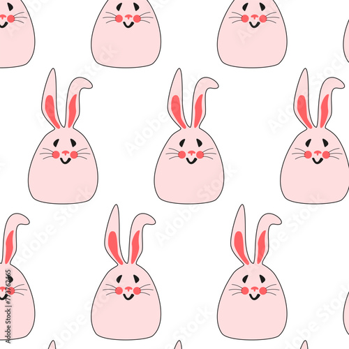 Seamless pattern with pink bunnies. Minimalistic Easter bunnies for printing on childrens products  fabric and wallpaper on a white background. Cartoon flat vector illustration.