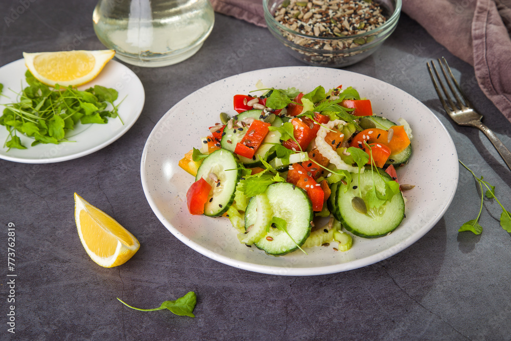 Salad of fresh cucumbers, celery, sweet peppers, herbs and pumpkin seeds, sunflowers, sesame seeds with olive oil. Healthy vegetarian, vegan food. Italian Cuisine Salad of fresh cucumbers, celery, sweet peppers, herbs and pumpkin seeds, sunflowers, sesame seeds with olive oil. Healthy vegetarian, vegan food. Italian Cuisine