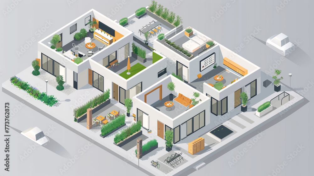 An isometric icon depicting a modern co-living space with shared amenities and green spaces, promoting community living.