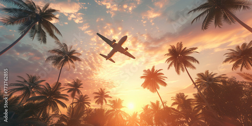 Travelling vacation holidays and travel by air transport. Airplane flying above exotic palm trees in sunset sunrise sky with sun rays